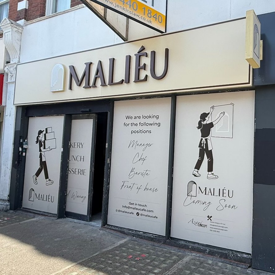 Malieu luxury boutique retail fascia signage with matte black 3D lettering London and the UK